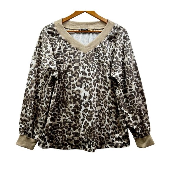 BTBFM Womens Leopard Print Long Sleeve V-Neck Casual Pullover Top Sweater large - Picture 1 of 7